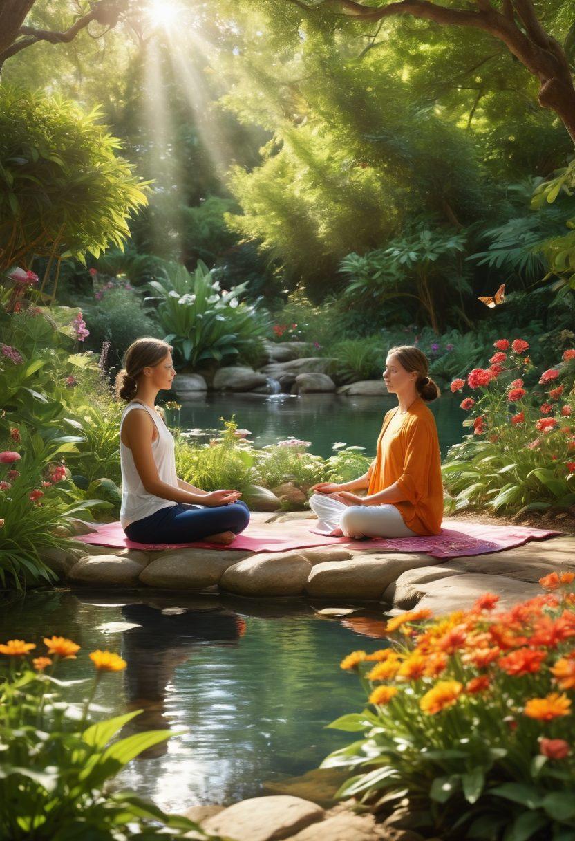 A serene scene featuring a diverse group of people meditating in a lush, sunlit garden, surrounded by vibrant flowers and butterflies. The atmosphere conveys calmness and positivity, with soft rays of sunlight filtering through the leaves. In the background, a gentle stream flows, symbolizing tranquility and renewal. Incorporate warm, inviting colors to evoke feelings of happiness and well-being. super-realistic. vibrant colors. natural light.