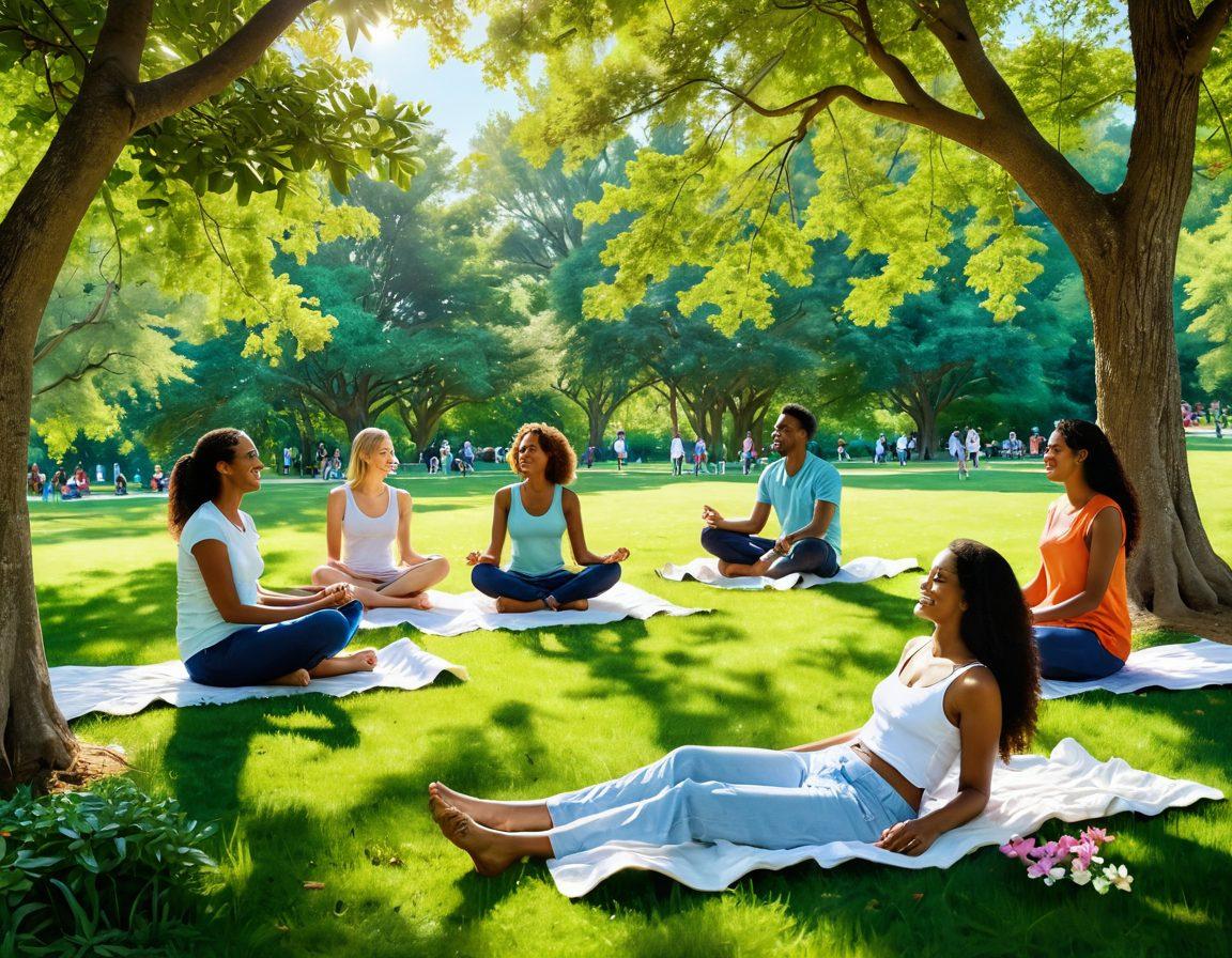 A serene scene depicting a diverse group of people engaging in joyful activities, such as laughing, sharing stories, and practicing mindfulness in a lush green park. Soft sunlight filters through the leaves, creating a warm and inviting atmosphere. Include elements like colorful flowers and a clear blue sky to symbolize happiness and emotional intelligence. super-realistic. vibrant colors. peaceful setting.