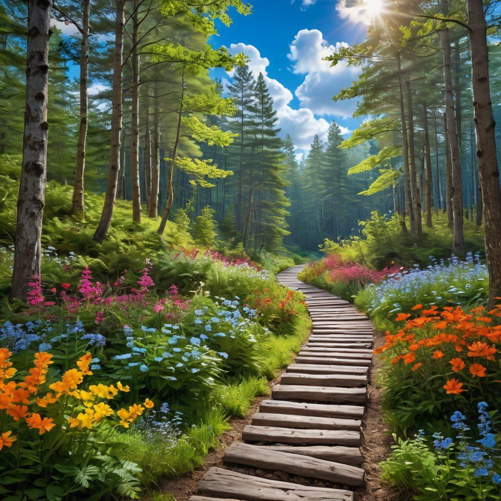 A serene path winding through a vibrant forest, symbolizing the journey of emotional intelligence, with glowing light illuminating various positive living moments along the trail. Incorporate joyful people engaging in mindfulness activities, bright flowers representing happiness, and soft clouds in a blue sky. super-realistic. vibrant colors. inspiring atmosphere.